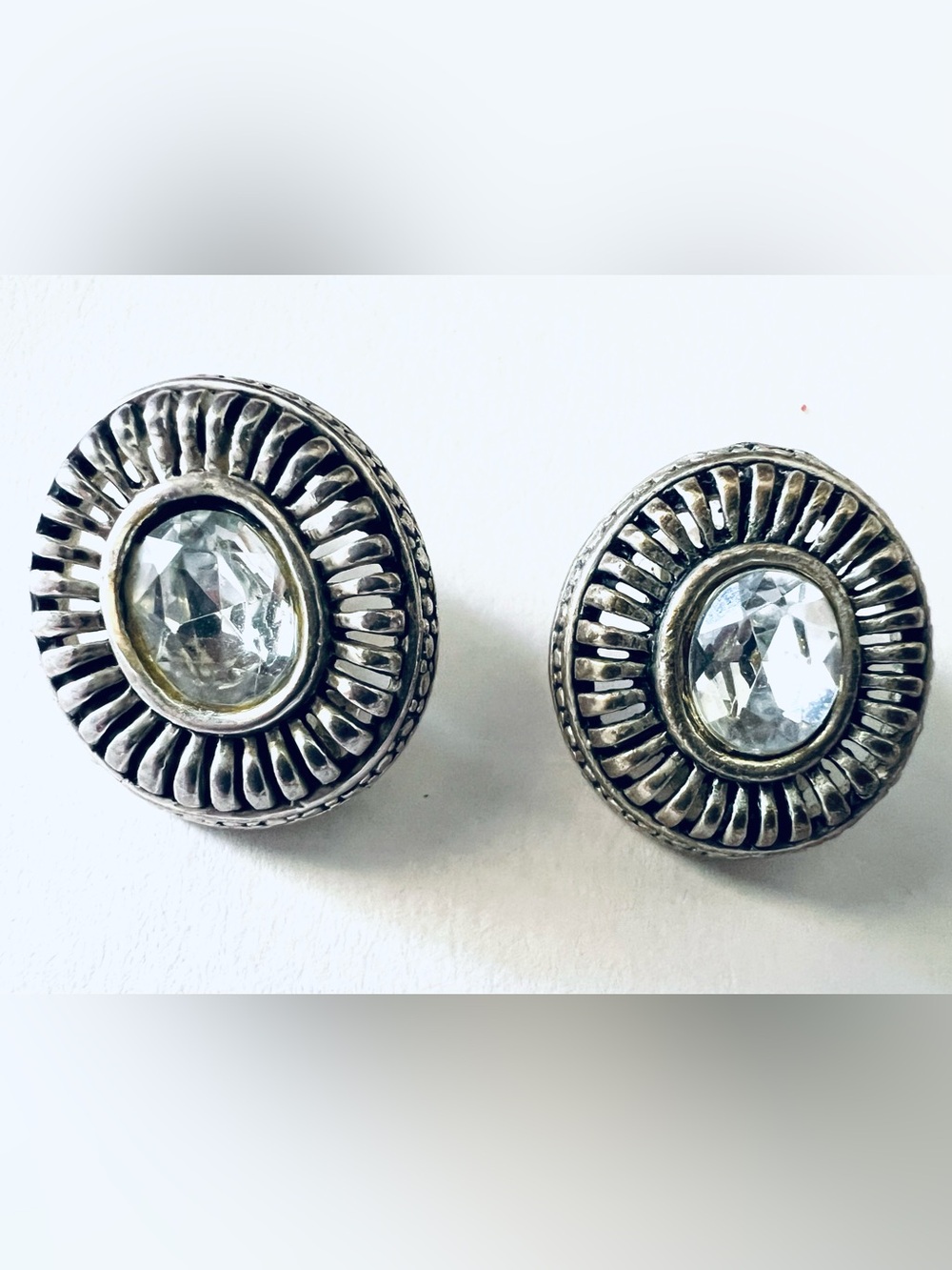 Vintage Style Silver Tone Clip On Earrings Clear Faceted Rhinestone Statement